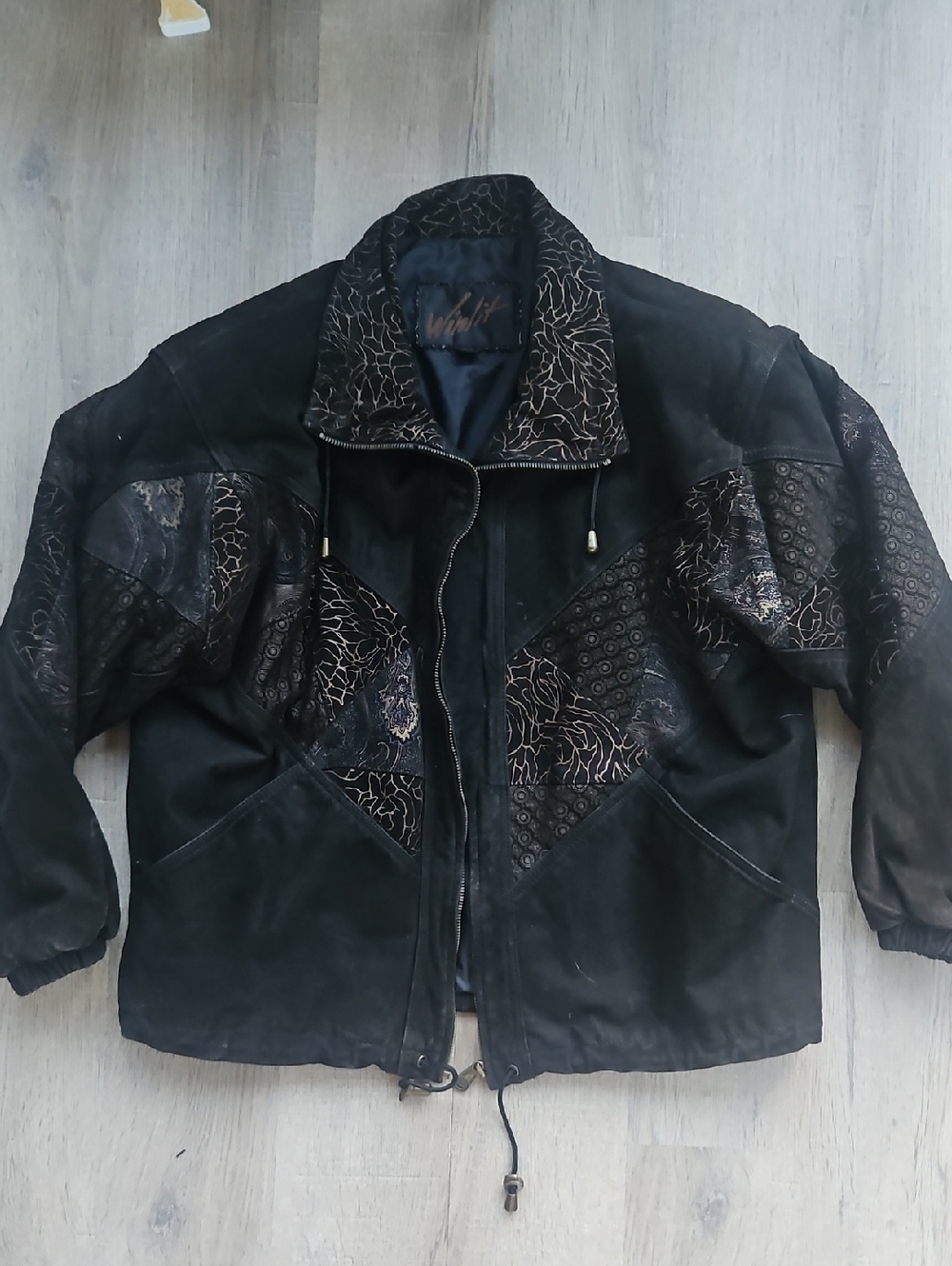 Winlit Black Mixed-Pattern Genuine Leather Bomber Jacket